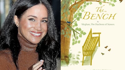 This combination photo shows the Duchess of Sussex and cover art for her upcoming children's book 'The Bench', illustrated by Christian Robinson. AP