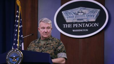 Marine Corps Gen Kenneth F McKenzie, commander of US Central Command, talks to journalists about the military response to rocket attacks that killed two US and one UK service members in Iraq. Getty Images via AFP