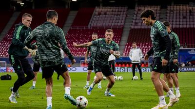 Real Madrid's players take part in a training session in Leipzig, Germany, 24 October 2022. Real Madrid will face RB Leipzig in their UEFA Champions League Group F soccer match on 25 October. EPA / MARTIN DIVISEK
