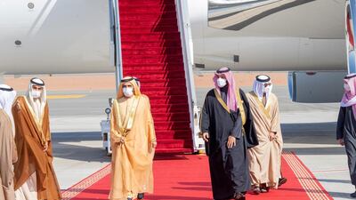 Crown Prince of Saudi Arabia, Mohammed bin Salman greets Sheikh Mohammed bin Rashid, the UAE Vice President and Ruler of Dubai upon arrival in Al Ula. SPA