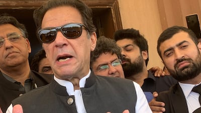 Pakistan's former prime minister Imran Khan speaks to media after appearing before the Anti-Terrorism Court in Islamabad. AFP