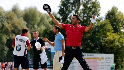 Pablo Larrazabal celebrates on the 18th green after clinching the BMW Invitational title. Paul Thomas / Getty Images / June 28, 2015