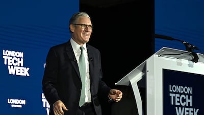 British Prime Minister Keir Starmer delivers a speech during London Tech Week, telling companies they must stop children sending and receiving explicit images on their devices. Getty Images