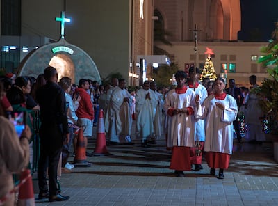 Christmas Eve mass at St Joseph's Cathedral in Mushrif. Pope Francis visited it hours before mass at Zayed Sports City Stadium in 2019. Victor Besa / The National