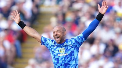 Sussex's Tymal Mills celebrates the wicket of Kent's Jordan Cox during the Vitality Blast semi-final match at Edgbaston, Birmingham on October 4, 2021. PA