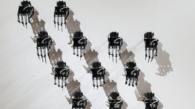 The Predicament by UAE artists Amer Aldour, Amal Haliq and Jozef Hendricks, a series of mechnical hands, are on display as part of the Islamopolitan exhibit.