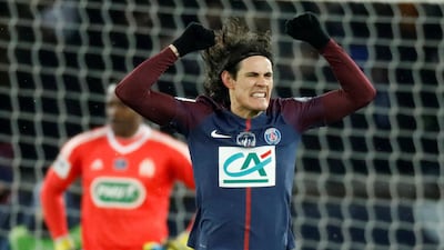 Edinson Cavani celebrates scoring PSG's third goal in their French Cup win over Marseille in March, 2018. Reuters