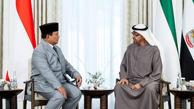 President Sheikh Mohamed with Prabowo Subianto in Abu Dhabi. Abdulla Al Bedwawi / UAE Presidential Court
