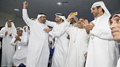Mohammed Al Yammahi celebrates winning a seat in the FNC for Fujairah. Antonie Robertson / The National