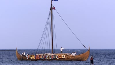 The Viking replica ship 'Islendingur+'arrives in the fishing village of L'Anse aux Meadows in Newfoundland. Reuters