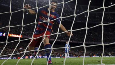Barcelona’s Luis Suarez celebrates a goal against Espanyol. REUTERS/Albert Gea