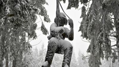 A sculpture promoting a climbing forest is covered by frost and snow as it hangs between trees on the Wasserkuppe mountain. AFP