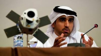 Hamad Al Mansoori, the chairman of Emirates Institution for Advanced Science and Technology announces the DubaiSat-3 project yesterday. The development process will take three and a half years.Christopher Pike / The National