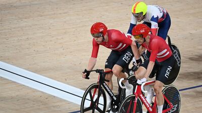 Denmark's Lasse Norman Hansen and Michael Morkov during the men's madison final at the Tokyo 2020 Olympic Games.