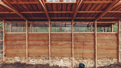 The pavilion uses forest timber and lime instead of cement for more sustainable construction