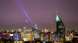 Burj Khalifa lights up in a show of resilience on Wednesday night following a day of heavy Iranian strikes on the UAE and Gulf. AFP