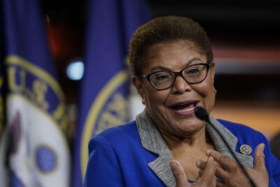 WASHINGTON, DC - JULY 22: Chair of the Congressional Black Caucus (CBC) Rep. Karen Bass (D-CA) speaks during a news conference to discuss an upcoming House vote regarding statues on Capitol Hill on July 22, 2020 in Washington, DC. House Democrats have introduced a bill that would replace the bust of former Supreme Court Chief Justice Roger B. Taney in the Old Supreme Court Chamber at the U.S. Capitol with one of former Justice Thurgood Marshall. Taney was the author of the 1857 Dred Scott decision that declared African Americans couldn't be citizens. Drew Angerer/Getty Images/AFP == FOR NEWSPAPERS, INTERNET, TELCOS & TELEVISION USE ONLY ==