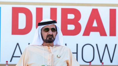 Sheikh Mohammed bin Rashid, Vice President and Ruler of Dubai, watches aerobatic displays at Dubai Airshow. Photo: Dubai Media Office