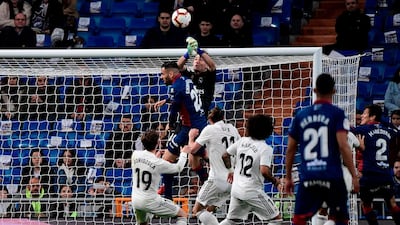 Luca Zidane blocks a shot during the Huesca match. AFP