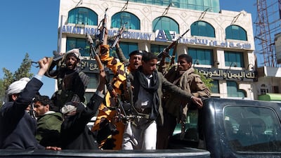 Fighters from the Iran-backed Houthi rebels shout slogans in the Yemeni capital Sanaa. AFP