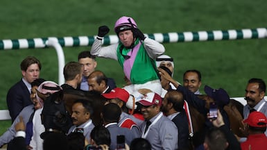 Jockey Tadhg O'Shea on Laurel River from the USA celebrates after winning the Dubai World Cup main race during the Dubai World Cup 2024 at the Meydan race course in the Gulf emirate of Dubai, United Arab Emirates, 30 March 2024. EPA / ALI HAIDER