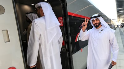 The first Etihad Rail passenger train arrived in Abu Dhabi on Tuesday morning. Victor Besa / The National