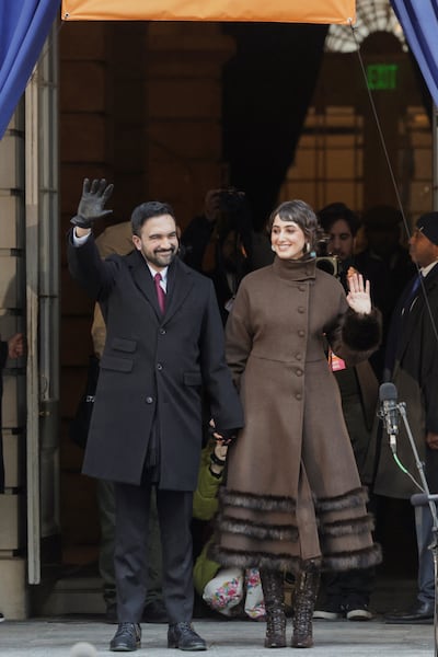 New York City Mayor Zohran Mamdani and Rama Duwaji onstage at Mamdani's inauguration ceremony at New York City Hall. Reuters