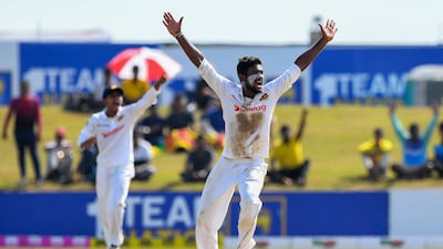 Sri Lanka's Ramesh Mendis after taking the wicket of Pakistan's Fawad Alam at the Galle International Stadium. AFP