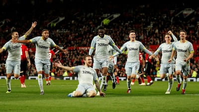 Derby County players celebrate beating Manchester United. Action Images via Reuters