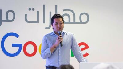 Tareq Abdalla, head of marketing at Google MENA, speaking earlier in the year at the Maharat Min Google announcement at Youth X Hub, Jumeirah Emirates Tower, Dubai. Leslie Pableo / For The National