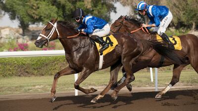 Sam Hitchcock steers Gabr to victory from Eqtiraan. Courtesy Dubai Horse Racing Information Centre