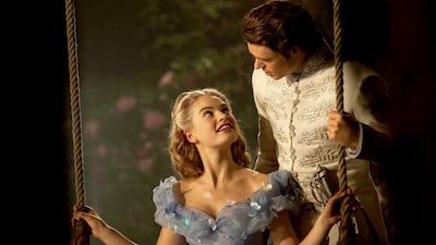 Lily James is Cinderella and Richard Madden is the Prince in Disney’s live-action Cinderella. Courtesy Walt Disney Productions