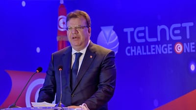 Mohamed Frikha, CEO of Tunisia's Telnet Group, delivers a speech following the launch of Russia's Soyuz-2.1a carrier rocket from the Baikonur cosmodrome. AFP