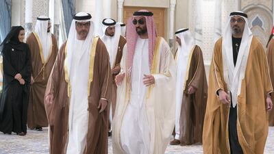Sheikh Hamed bin Zayed, Chairman of the Crown Prince Court of Abu Dhabi and Abu Dhabi Executive Council Member (L), Sheikh Tahnoon bin Zayed, UAE National Security Advisor (C) and Major General Sheikh Khaled bin Mohamed bin Zayed, Deputy National Security Adviser (R). Ministry of Presidential Affairs