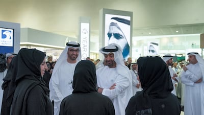 President Sheikh Mohamed, accompanied by Dr Sultan Al Jaber, Adnoc managing director and group chief executive, visits the Adnoc stand at the 2018 Adipec energy conference in Abu Dhabi. Ministry of Presidential Affairs