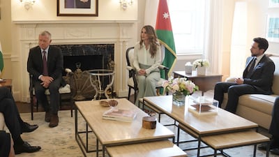 King Abdullah II, Queen Rania and Crown Prince Al Hussein meet with Pfizer Chairman and CEO Albert Bourla.