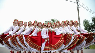 Local villagers of Bronnitsy gather to celebrate Lionel Messi's 31st birthday. Getty