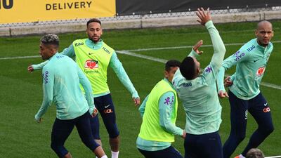 Brazil players including Raphinha, Neymar and Fabinho during training. AFP