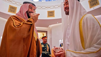 Mohamed bin Zayed, Crown Prince of Abu Dhabi and Deputy Supreme Commander of the UAE Armed Forces, and Saudi Crown Prince Mohammed bin Salman drink coffee in Abu Dhabi. AFP / Saudi Royal Palace