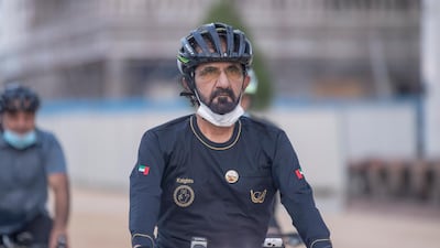 Sheikh Mohammed bin Rashid, Vice President and Ruler of Dubai, and family cycle around Dubai on Thursday. Courtesy: Dubai Media Office