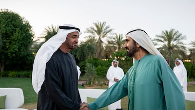 Sheikh Mohamed receives Sheikh Mohammed during an iftar reception at the Sea Palace. Photo: UAE Presidential Court