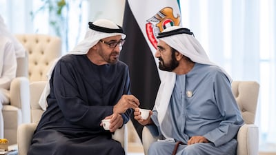 President Sheikh Mohamed with Sheikh Mohammed bin Rashid, Vice President and Ruler of Dubai, in Abu Dhabi. UAE Presidential Court