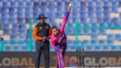 Muhammad Amir took 4-7 for New York Strikers against Chennai Braves in the Abu Dhabi T10 match at Sheikh Zayed Stadium in Abu Dhabi on December 6, 2023. Sandeep Shetty/Focus Sports/ADT10