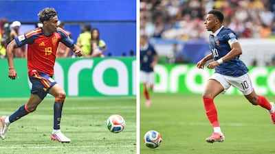 Spain's forward Lamine Yamal, left, and France captain Kylian Mbappe clash in Arlington for a place in the World Cup final. AFP