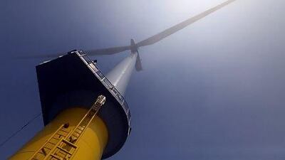 A completed wind turbine stands at the London Array project. Chris Ratcliffe / Bloomberg
