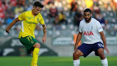Nuno Santos of Pacos de Ferreira with Cameron Carter-Vickers of Tottenham Hotspur in their Conference League match in Portugal on Thursday. Getty