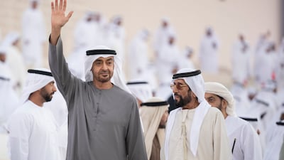 President Sheikh Mohamed and Sheikh Tahnoon bin Mohamed, Ruler's Representative in Al Ain Region depart the Union Parade during the Sheikh Zayed Heritage Festival. Abdullah Al Junaibi for the Presidential Court