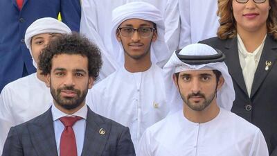 Sheikh Hamdan and Mo Salah, Egyptian football player for Liverpool FC, wear their wrist bands in support of the Special Olympics World Games. Courtesy Special Olympics World Games Abu Dhabi Twitter