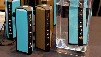 Hercules WAE nickel-plated Bluetooth speakers. The $129 speaker, scheduled to be available in March 2016, has an FM tuner, a mini jack and a USB port to recharge phones and is waterproof up to 1.5 metres for up to 30 minutes. Ethan Miller / Getty Images / AFP