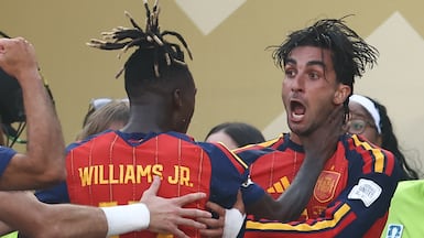Spain's forward #07 Ferran Torres (R) celebrates scoring his team's first goal with Spain's forward #17 Nico Williams during the 2026 World Cup football tournament final match between Spain and Argentina at the New York/New Jersey Stadium in East Rutherford on July 19, 2026. (Photo by CHARLY TRIBALLEAU / AFP)